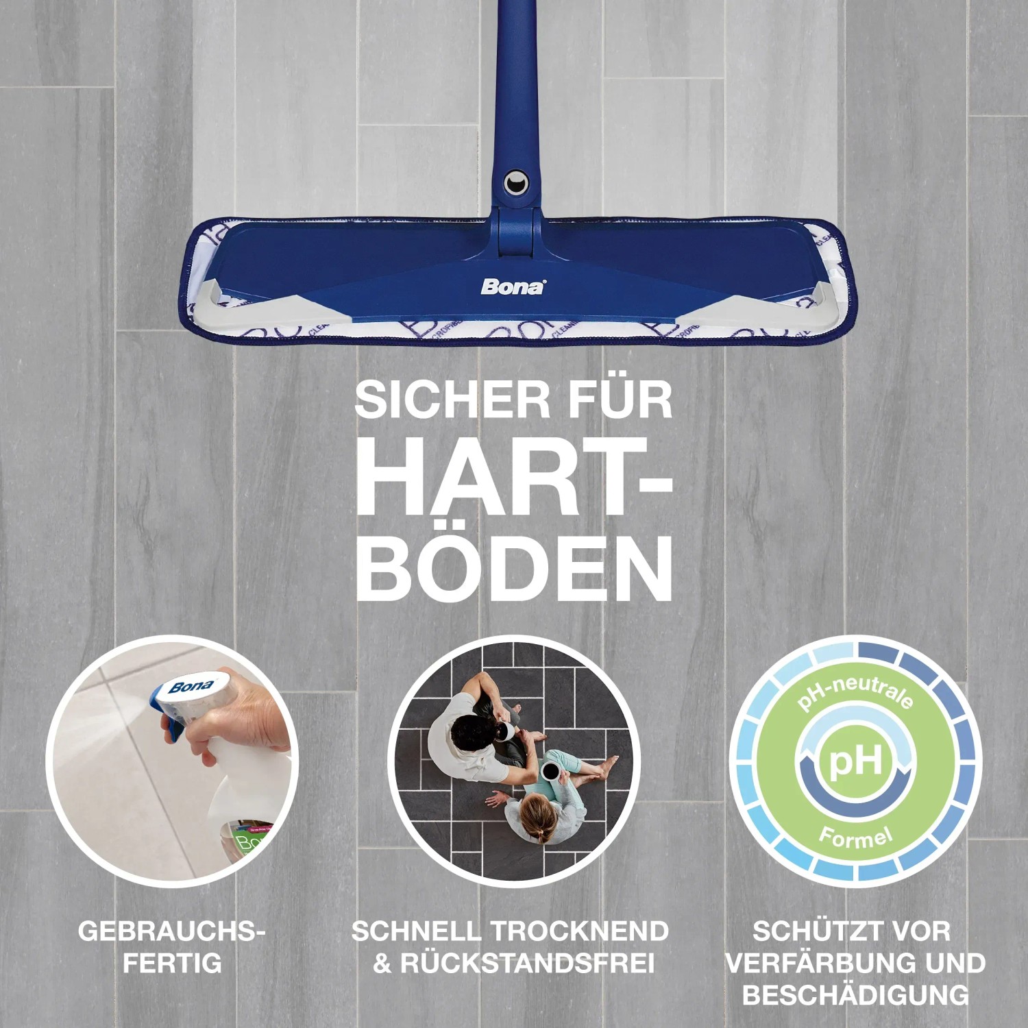 Bona Stein-, Fliesen- und Laminatreiniger Spray 1 l mit Wischmopp auf Fliesenboden.