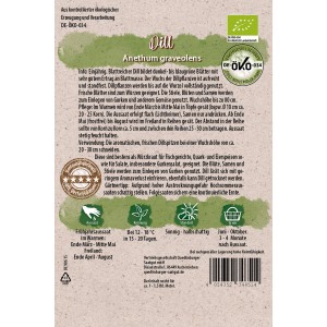 Packung Quedlinburger Bio-Dill Blattreich Kräutersamen mit grüner Aufschrift und Infos.