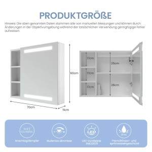 Weißer Aquabatos LED Spiegelschrank 70x60cm mit offener Ablage, Beleuchtung, Steckdose und Antibeschlagfunktion.
