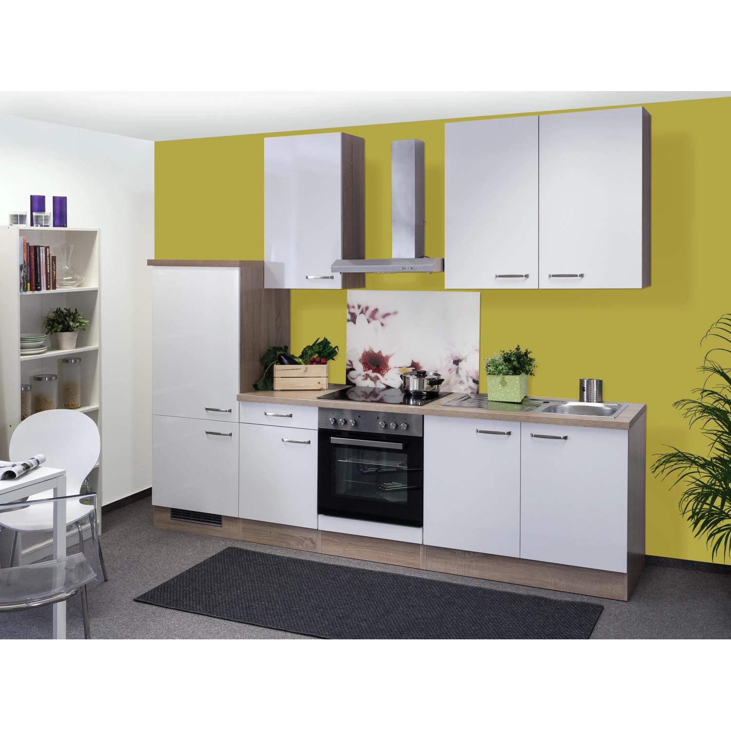 Flex-Well Exclusiv Küchenzeile/Küchenblock Valero 270 cm Hochglanz Weiß-Sonoma Eiche