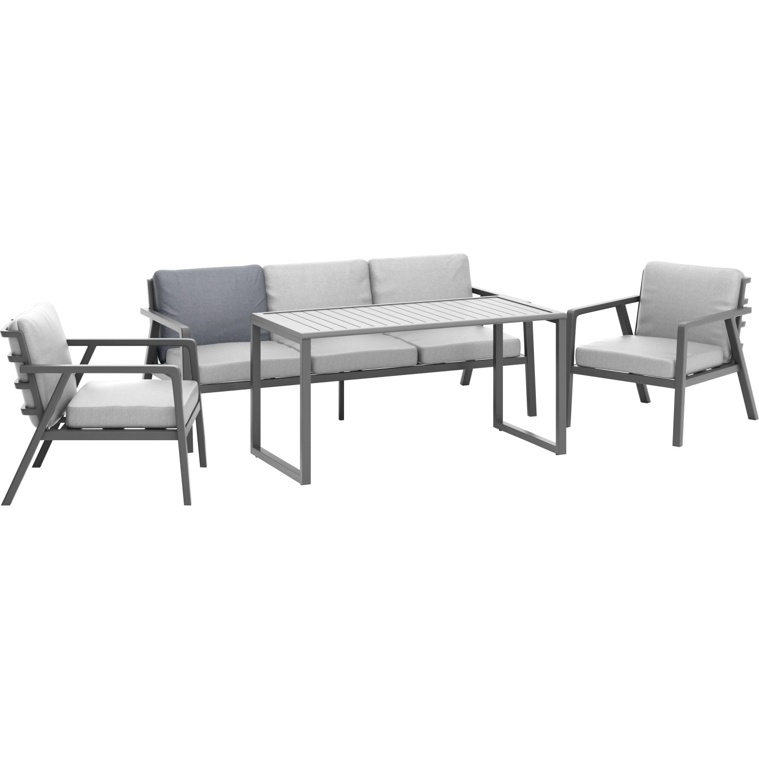 Graues Lounge-Set Tamworth mit Esstisch und Stühlen, ein Rückenkissen ist grau.