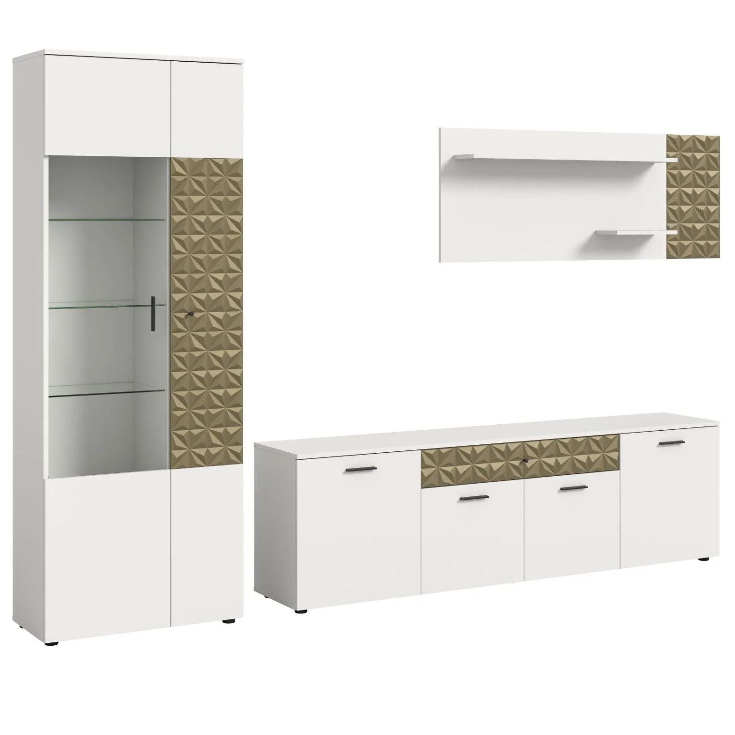 Inn.Furn Wohnwand Weiß Gold 3-teilig 305 cm Fühlbare 3D-Struktur Relief günstig online kaufen