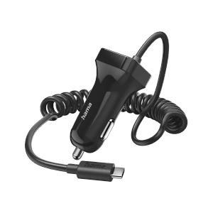 Schwarzes Hama Auto-Ladegerät mit USB-C Anschluss und Spiralkabel.