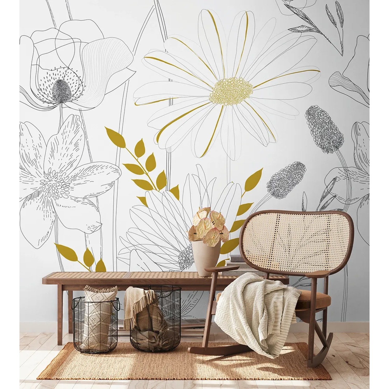 AS-Creation Fototapete Vlies mit Blumenmuster in Weiß und Grau.