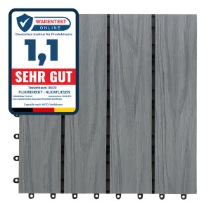 Graue KARAT WPC Klickfliese Classic, wetterbeständig, 30x30 cm, mit Holzoptik und Klicksystem.