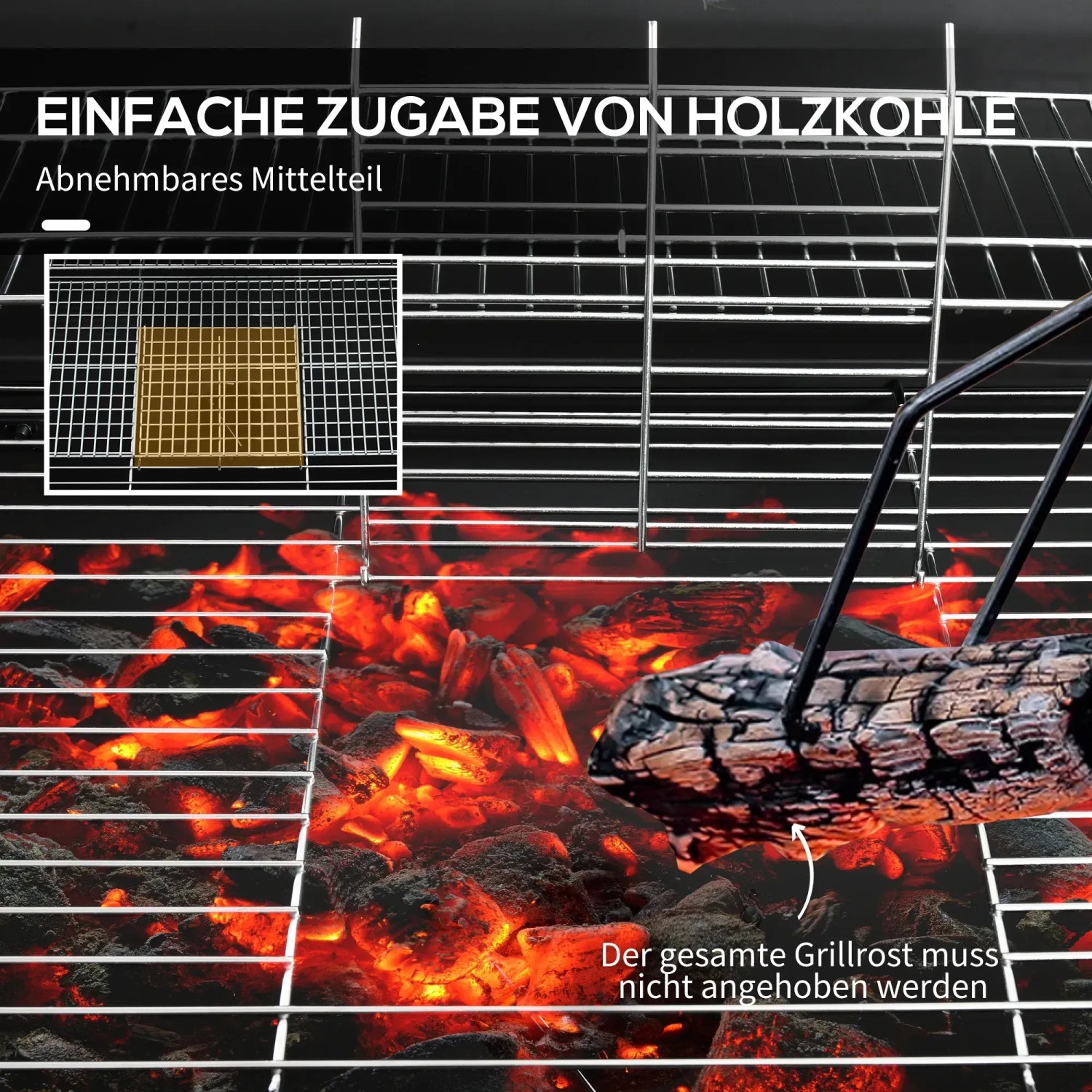 Detailaufnahme Holzkohlegrill: Kohle nachlegen durch entnehmbares Rost-Element.