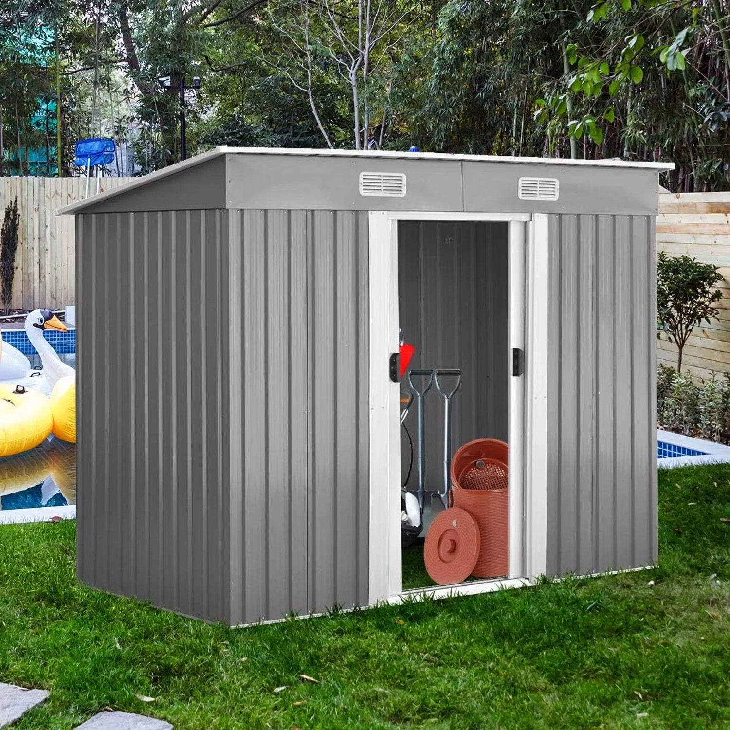 Costway Gerätehaus Metall Gartenhaus 238x131x181cm Grau_5