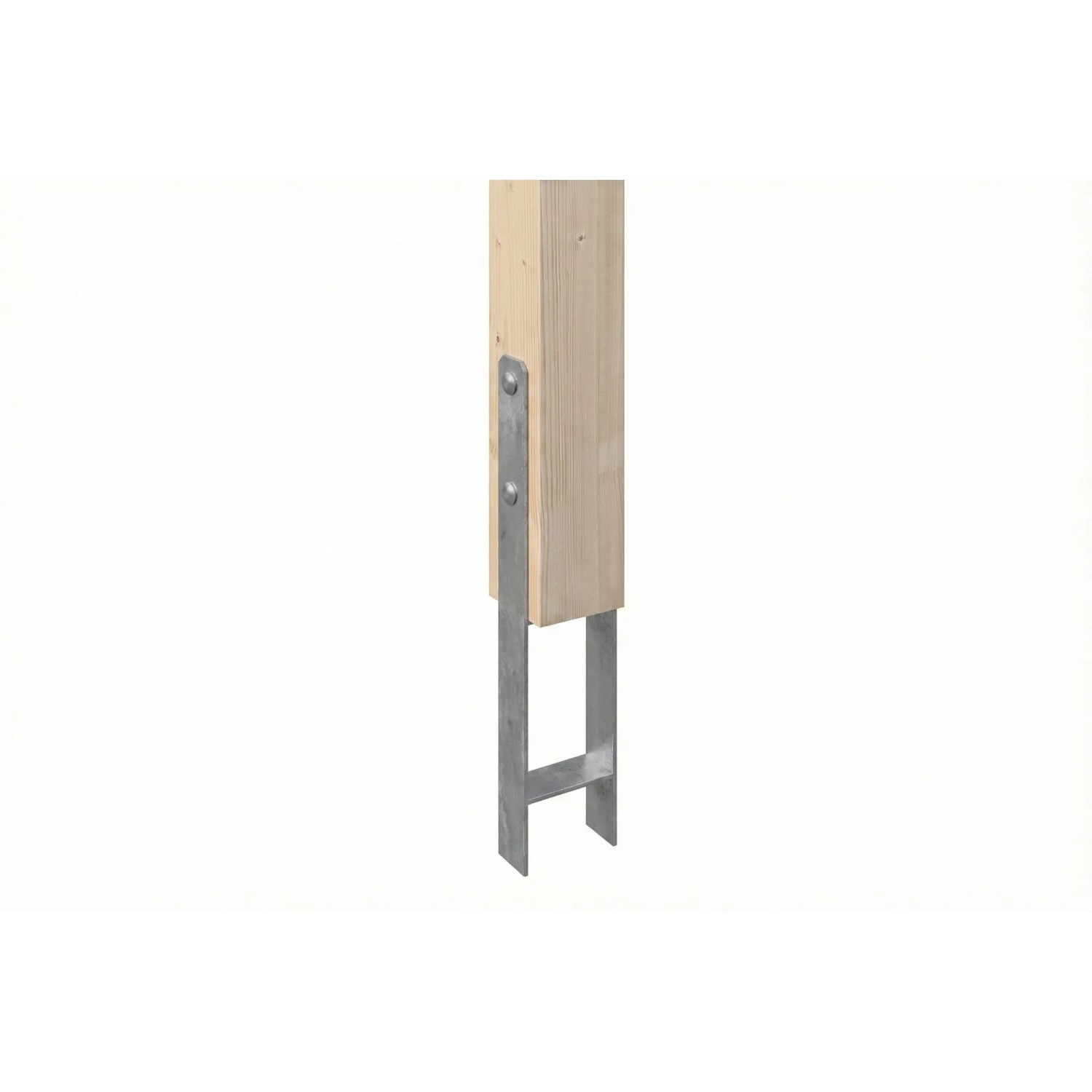 Holzpfosten mit verzinktem H-Pfostenanker für Carport. Robuste Verankerung aus unbehandeltem Holz und Metall.