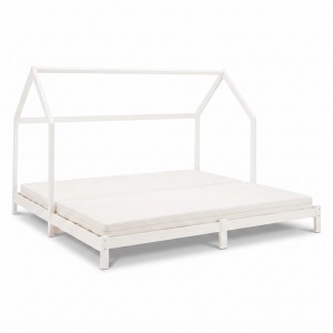 Weißes Hausbett 90x200 aus Kiefernholz, ausziehbar mit 2 Matratzen. Kinderbett für Einzel- oder Doppelnutzung.