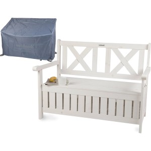 Weiße Gartenbank mit Stauraum, wetterfester Abdeckung. 2-Sitzer Truhenbank aus Holz für Garten oder Terrasse.