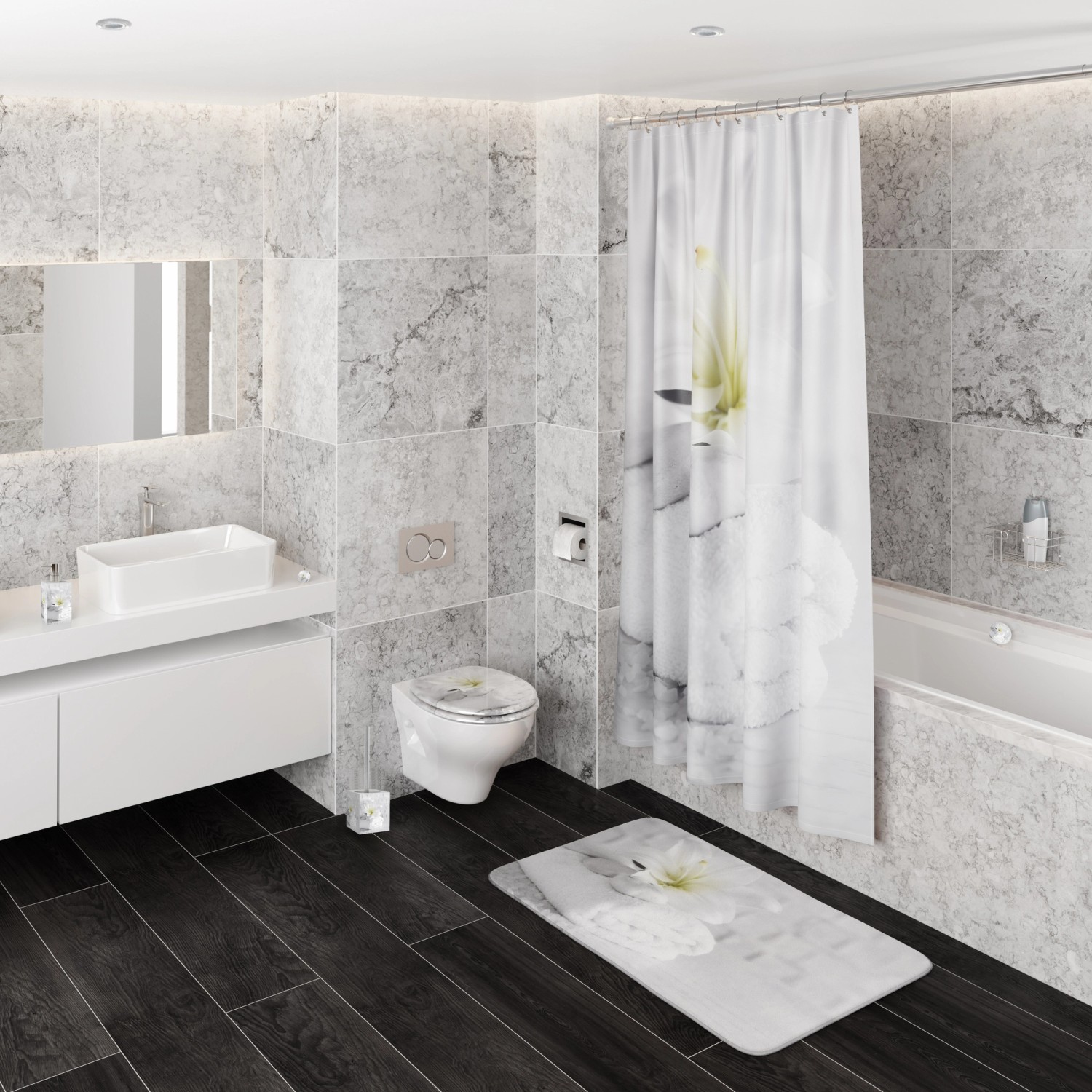 Sanilo Badteppich Good Feeling 50x80 cm im Badezimmer mit Dusche und Waschbecken.