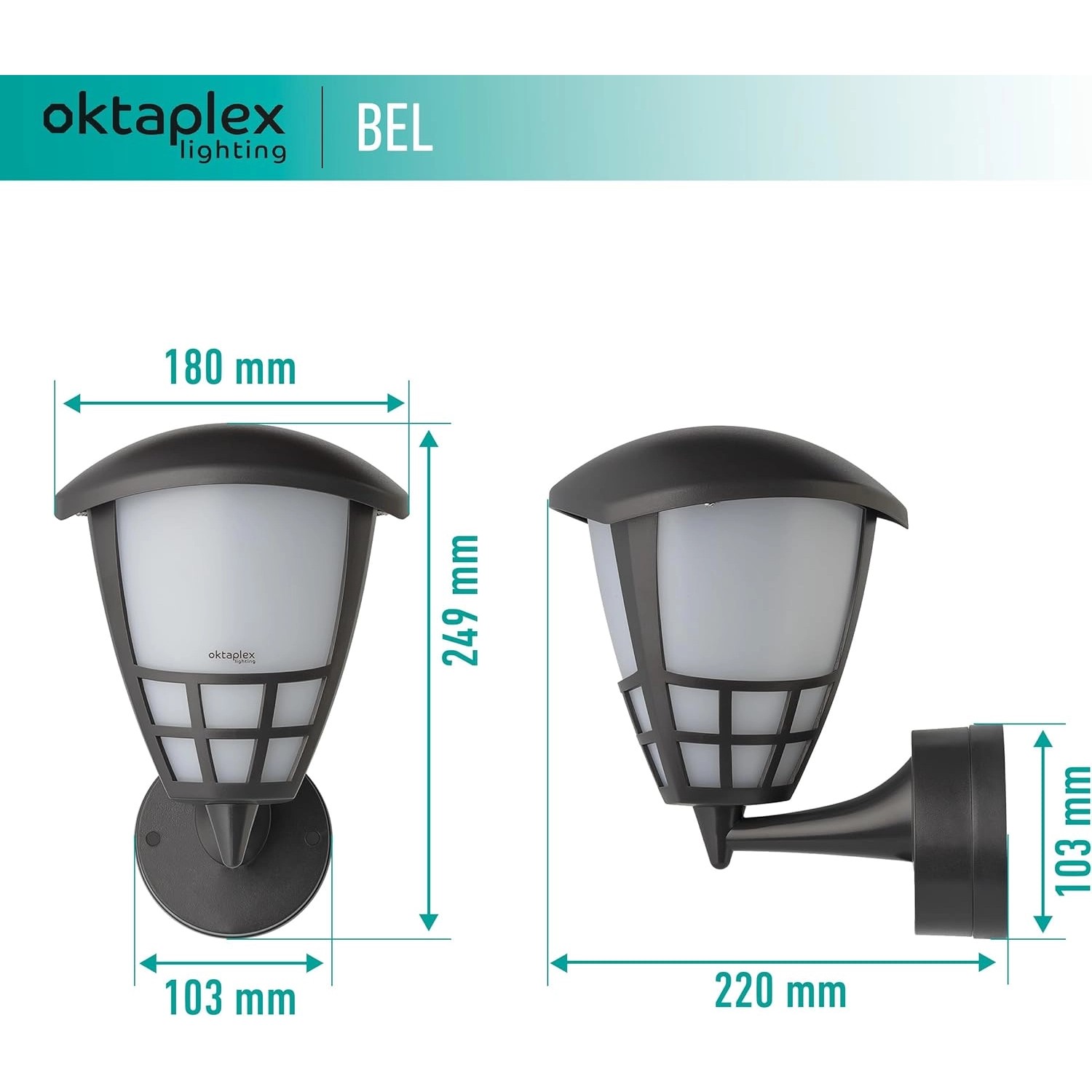 Oktaplex Bel Außenwandleuchte, anthrazit, E27, IP54, mit Maßangaben für Montage im Außenbereich.