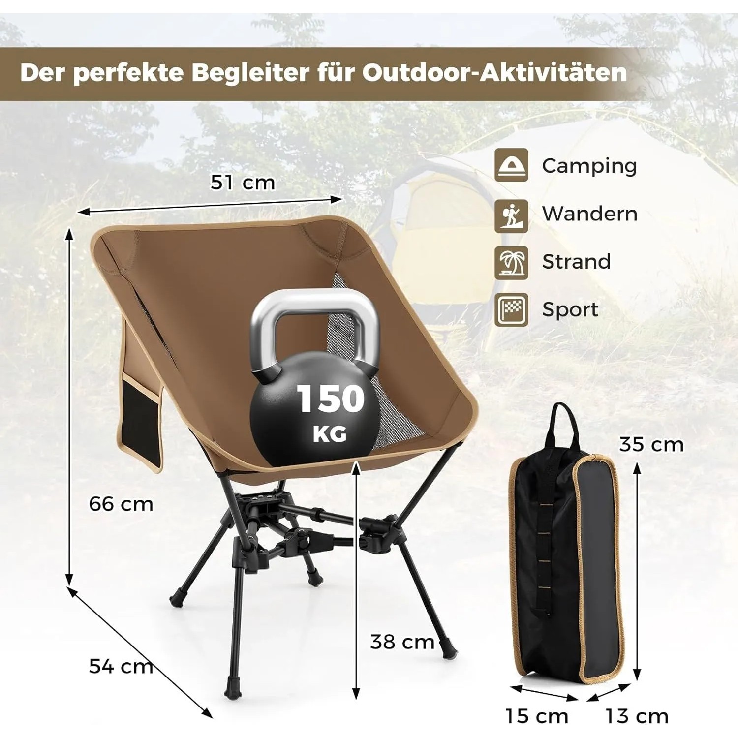 Brauner, ultraleichter Falt-Campingstuhl mit schwarzem Gestell, Seitentasche, 150 kg Tragkraft und Tragetasche.
