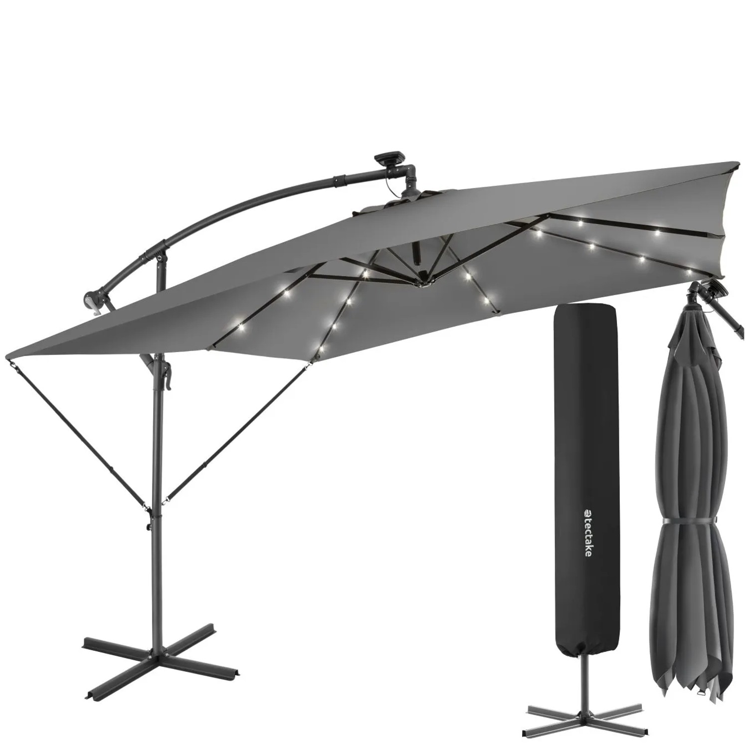 Tectake Sonnenschirm Sunna 250 X 250 Cm Mit Led Solar Beleuchtung Leichtgängiger Mechanismus 300 X 250 X 250 Cm Hellgrau