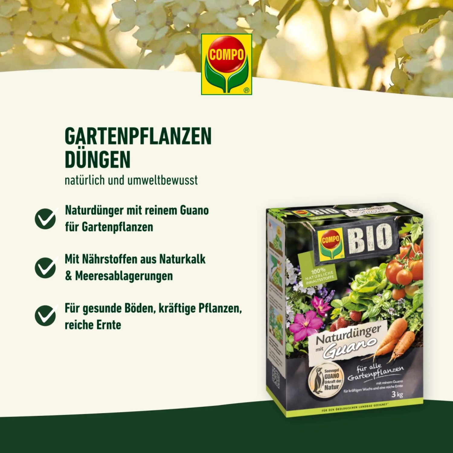 Compo Bio Naturdünger Guano 3 kg Packung für Gartenpflanzen