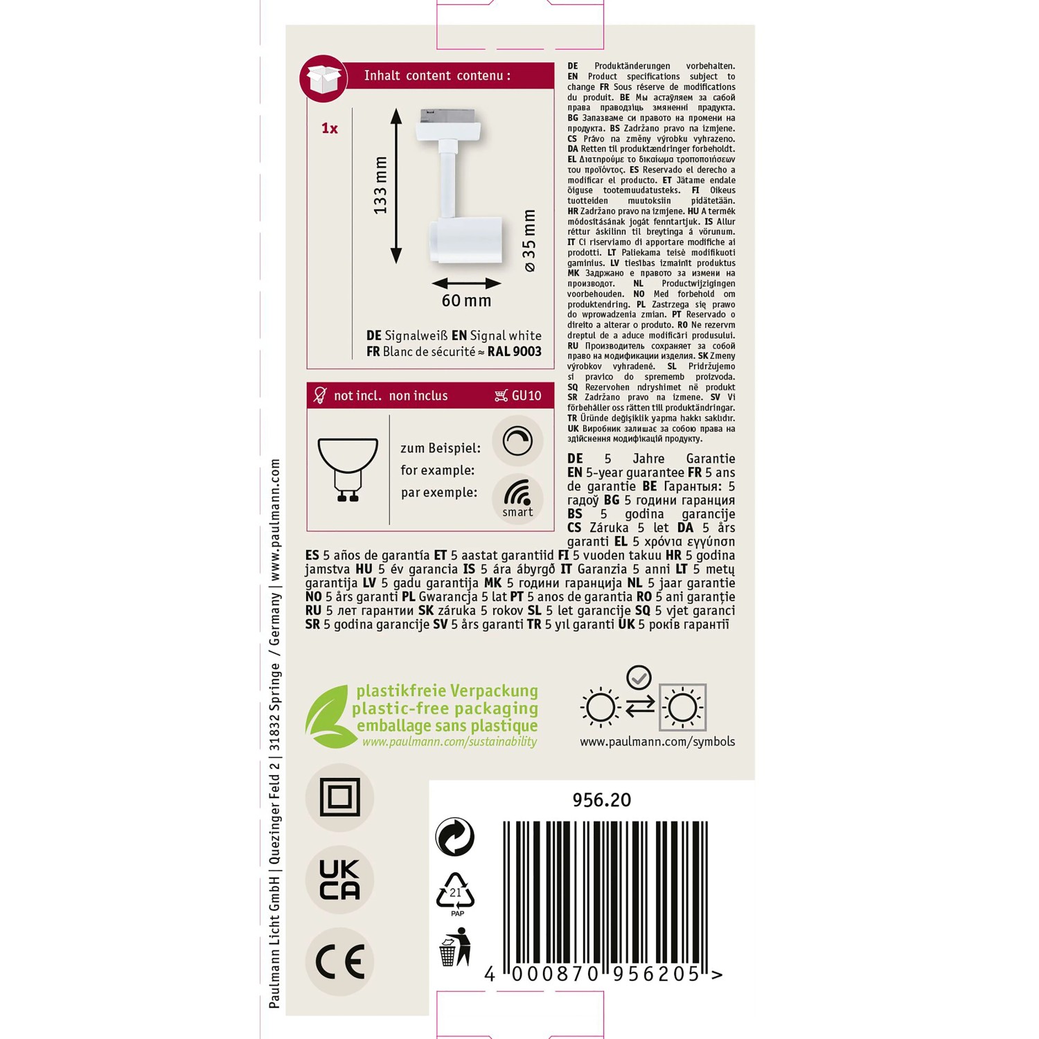 Verpackung des Paulmann URail Schienenspots Runa in Signalweiß, Maße und GU10 Fassung dargestellt.