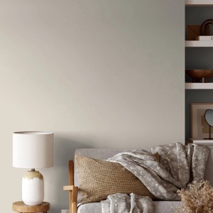 Wand in Sandbeige mit V&CO Innenfarbe Dead Flat Matt, 2,5 l. Wohnraum-Szene mit Lampe und Sofa.
