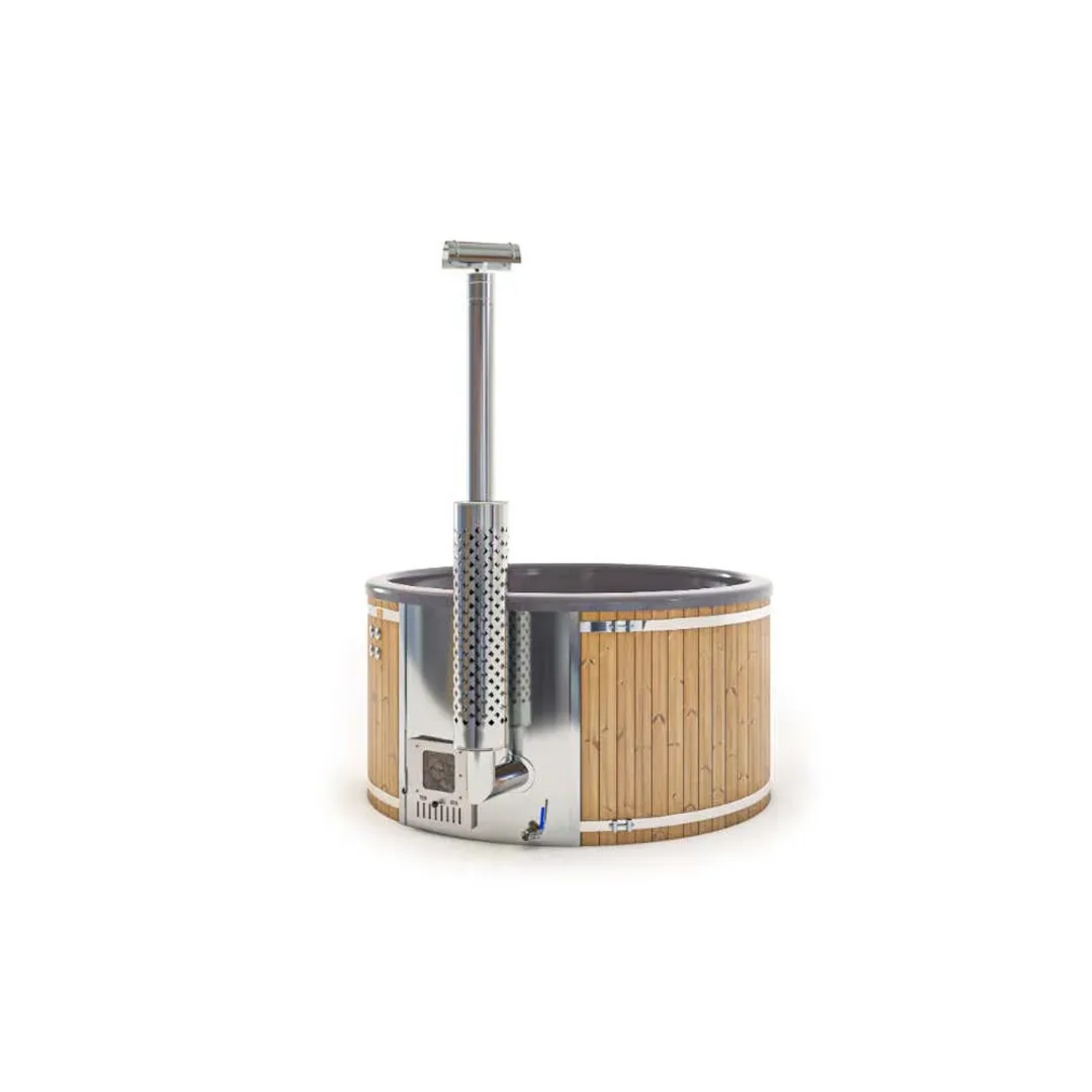 Finntherm Hot Tub Stockholm Spa Edition Anthrazit, Ø 200 cm, mit Holzofen und Thermoholz-Verkleidung.
