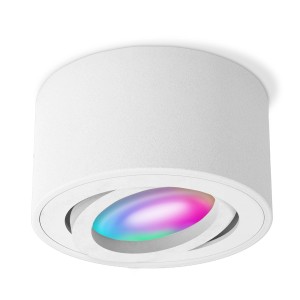 Weißer, schwenkbarer SSC-LUXon CELI-1WM Aufbauspot mit smarter RGB CCT LED für Deckenmontage.