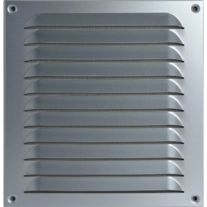 Eckiges Upmann Wetterschutzgitter aus silbernem Aluminium mit Lamellen und Insektenschutzgitter zur Lüftung.