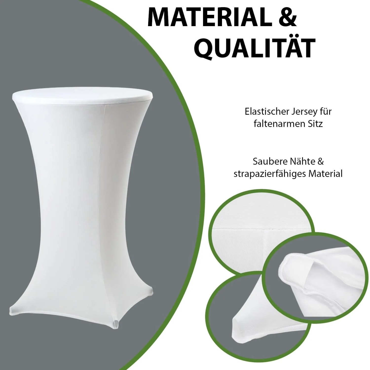 Weiße TRUTZHOLM Stehtischhusse Stretch, passend für 70cm Tische, aus elastischem Material.