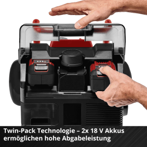 Einhell Akku-Kompressor mit zwei 18V Akkus im Akkufach. Mobiler Kompressor für Werkstatt und Garage.