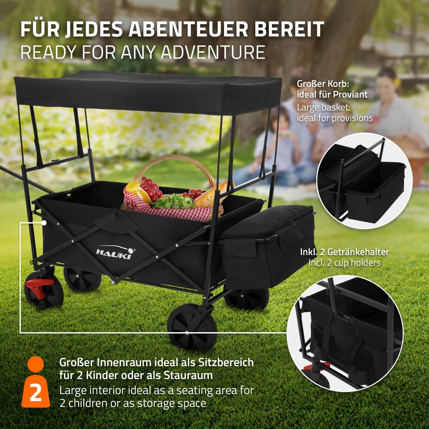 Schwarzer Hauki Bollerwagen L, faltbar mit Dach, ideal für Camping und Ausflüge.