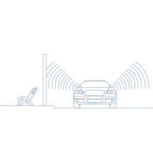 Illustration: Forsdal Lärche Absorberelement Schallschutz, Auto und entspannende Person.