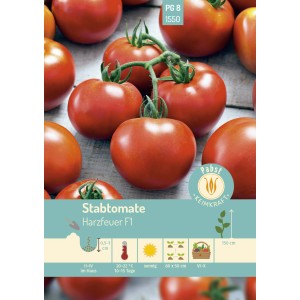 Pabst Keimkraft Stabtomate Harzfeuer F1: Frische, rote Tomaten auf der Saatgutpackung.
