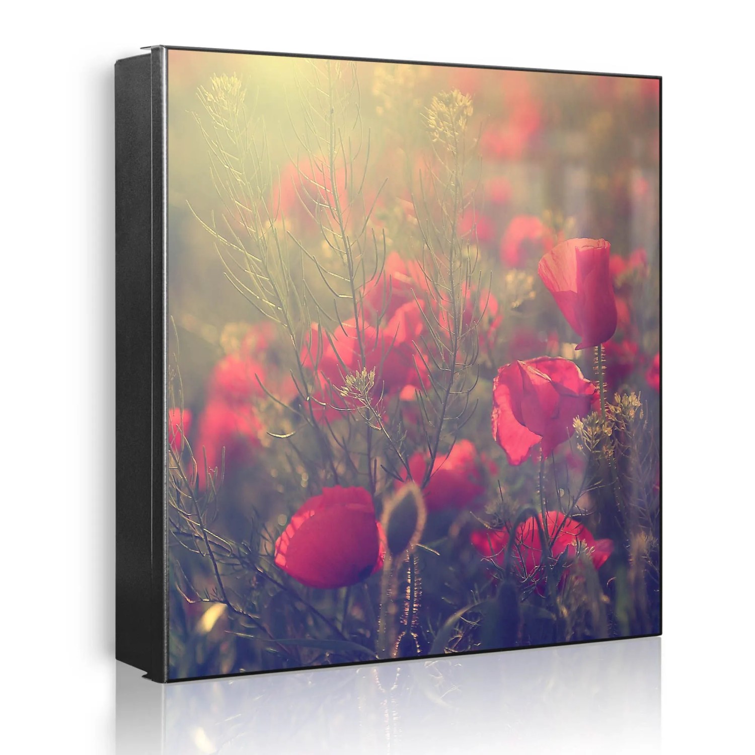 Banjado Großer Schlüsselkasten Metall 30x30cm Schwarz Scharnier Links 50 Haken Beschreibbar Magnetisch Motiv Mohn