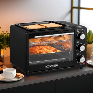 Schwarzer Steinborg Minibackofen mit Umluft, 20 Liter, mit Pizza, Gebäck und Toast im Innenraum.