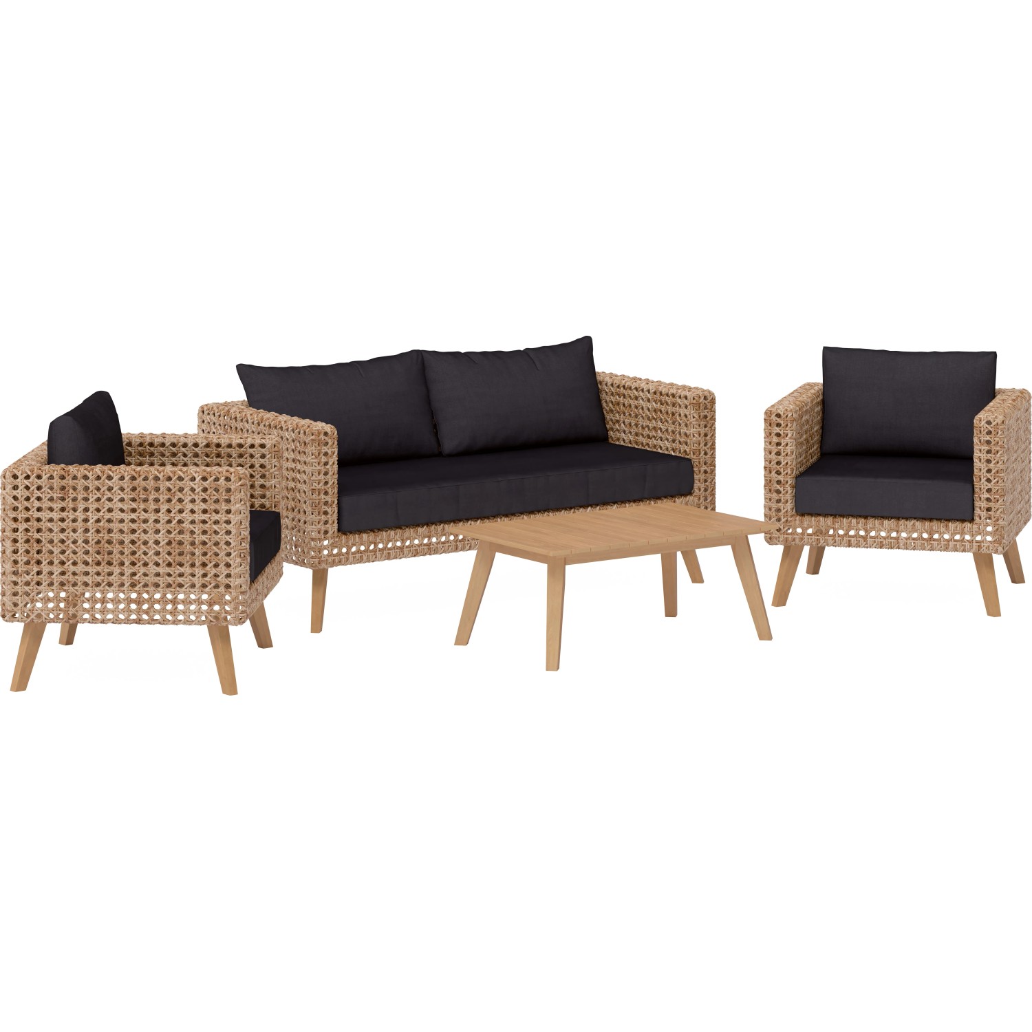 4-teiliges Lounge-Set Junee aus Polyrattan in Natur mit anthrazitfarbenen Auflagen und Holztisch.