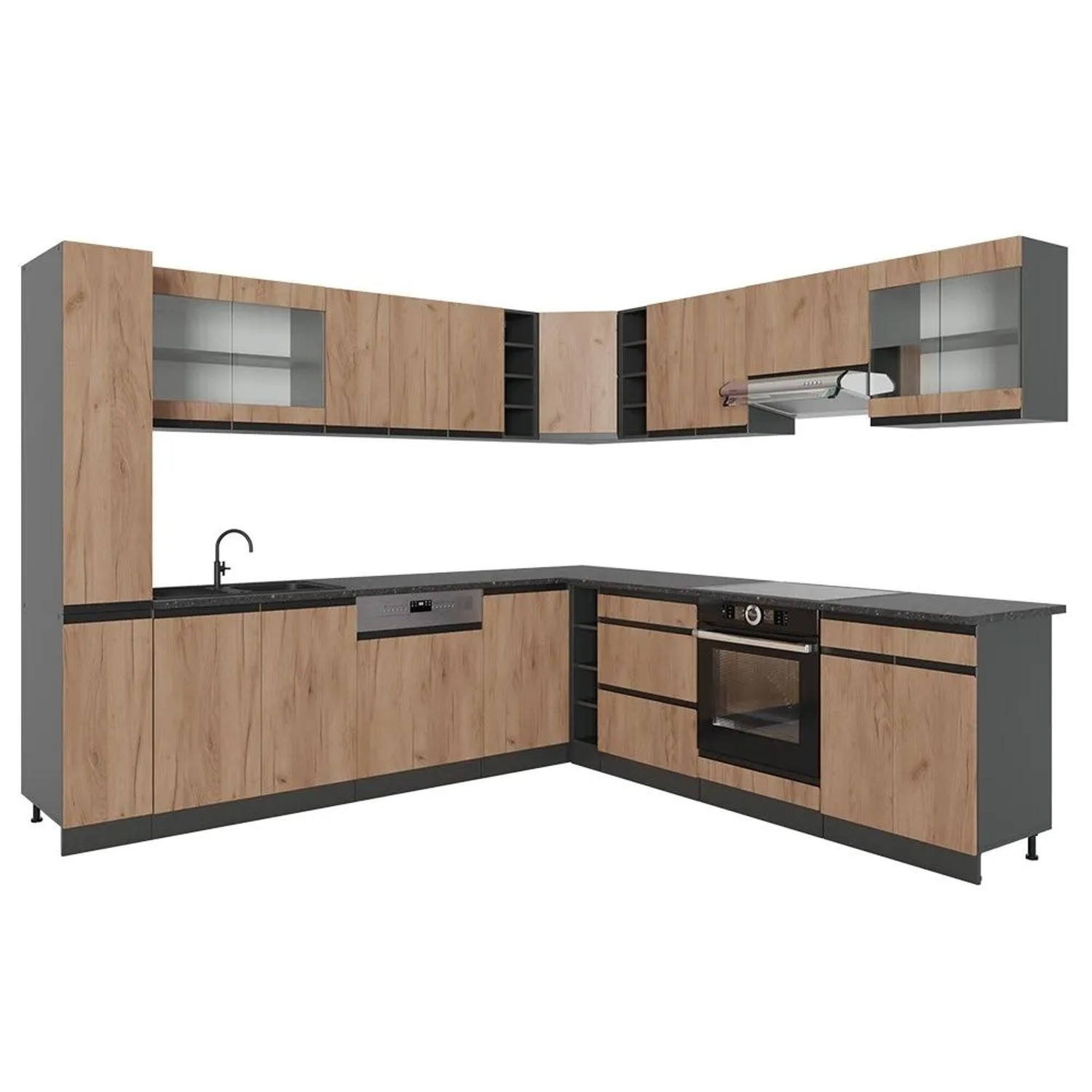 Vicco Eckküche R-Line Goldkraft Eiche/Anthrazit 277 x 82 J-Shape, AP Anthrazit