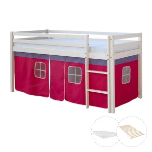 Weißes Homestyle4u Hochbett mit pinkem Vorhang, Leiter, Lattenrost und Matratze (90x200).