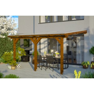 Skan Holz Terrassenüberdachung Bormio, 434x250 cm, Nussbaum Leimholz mit Polycarbonat Dach.