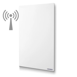 Weiße Vasner Funk-Infrarotheizung Citara M RX 300W mit Funksymbol. Elektrische Heizung für Innenräume.