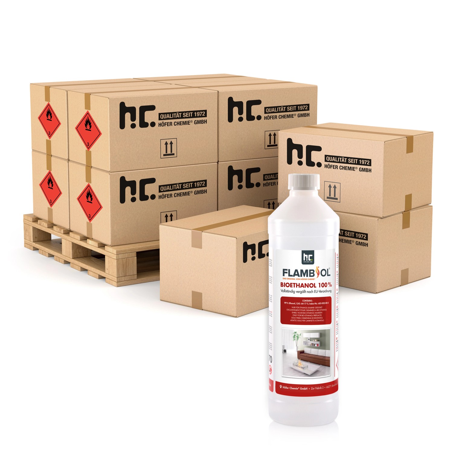 Flambiol Bioethanol 90l: Kanister vor Kartons auf Palette für Kamine & Deko-Feuer.