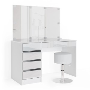 Weißer Vicco Schminktisch Sherry 55 cm mit LED und Hocker. Frisiertisch mit Spiegel und Schubladen.