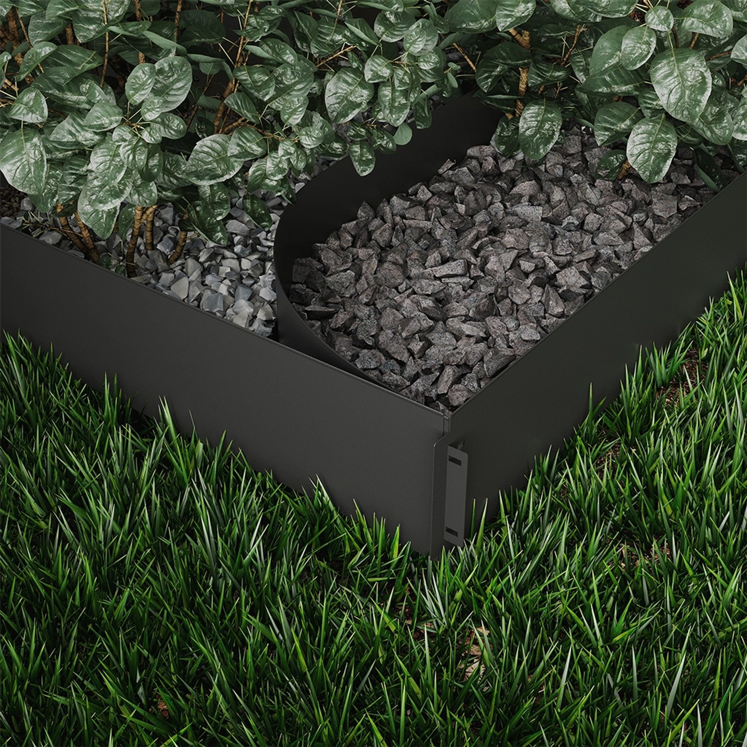 OK-Living Rasenkante, anthrazit, 100x14 cm, als Beetumrandung mit Steinen und Rasen im Garten.