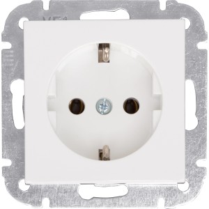Weiße Schutzkontakt-Steckdose Leonie mit Montagerahmen für Unterputzmontage.