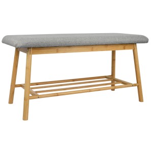 Hellgraue DuneDesign Sitzbank Nordic mit Schuhregal aus Bambus, 90x34x44 cm.