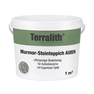 Terralith Marmor Steinteppich Nebula für 1 m² Außen. Weißer Eimer mit grünem Etikett, zeigt hellgrauen Marmorkies.