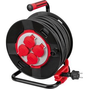 Schwarze Kabeltrommel 40m mit rotem Griff, 4 Steckdosen und Überhitzungsschutz.