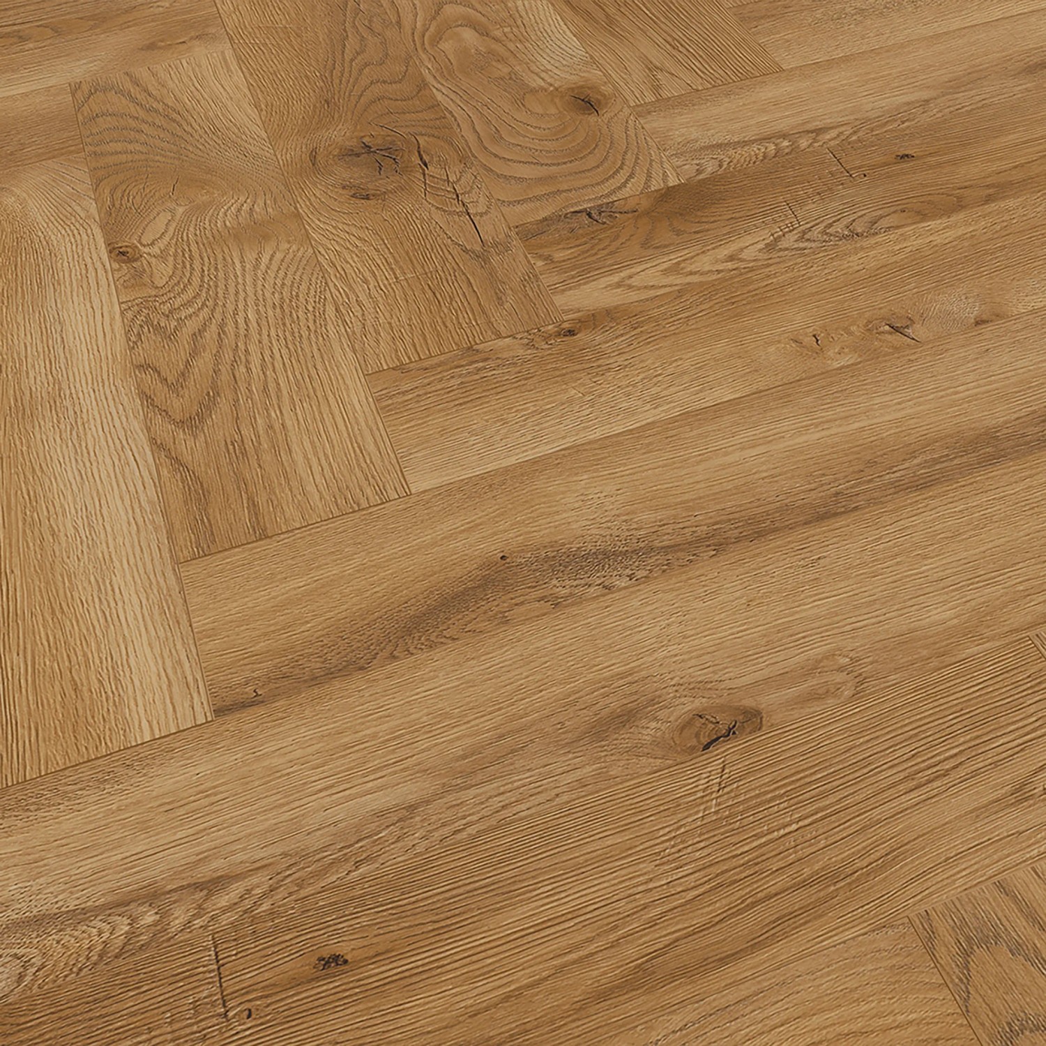 Classen Ville Laminat Carrito Oak im Fischgrätmuster, Detailansicht der Holzstruktur.