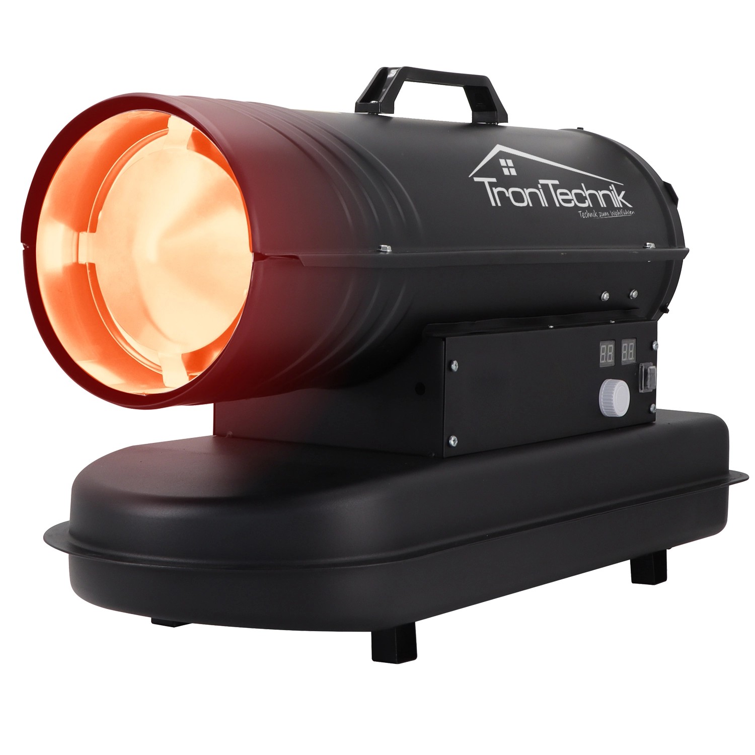 Schwarze TroniTechnik Diesel Heizkanone 20kW mit Tragegriff und 19l Tank.