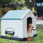 Costway Hundehütte, blau-weiß, mit Hund. Kunststoff-Hundehaus für Garten oder Balkon.