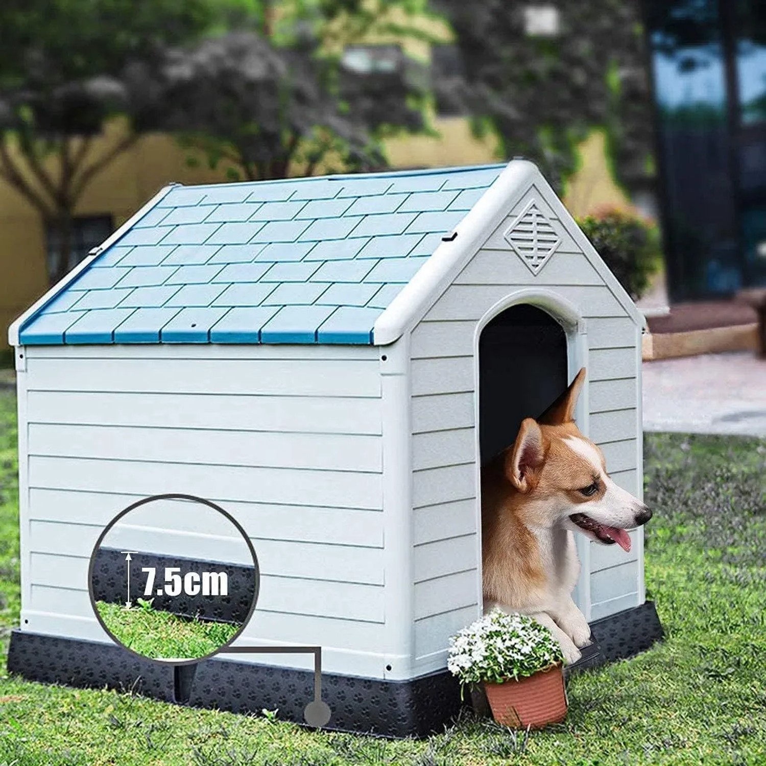 Costway Hundehütte, blau-weiß, mit Hund. Kunststoff-Hundehaus für Garten oder Balkon.