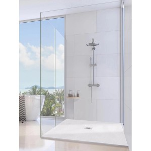 Weiße Frascio Duschwanne 70x100 cm Vulcano Line mit Abfluss in moderner Dusche.