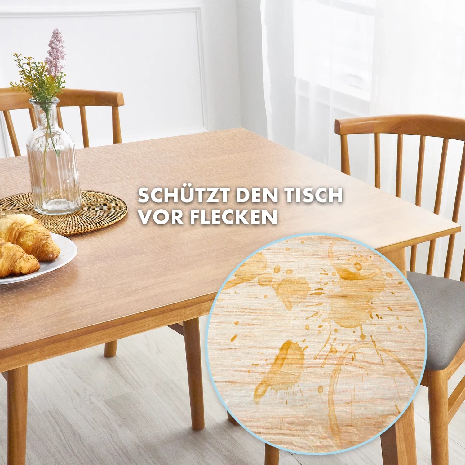 Transparente KARAT Tischfolie 60x120cm mit abgeschrägter Kante schützt Tisch vor Flecken.