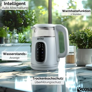 Ecosa Wasserkocher EO-698 mit digitaler Temperaturanzeige, 1,7L, aus Glas und weißem Kunststoff.